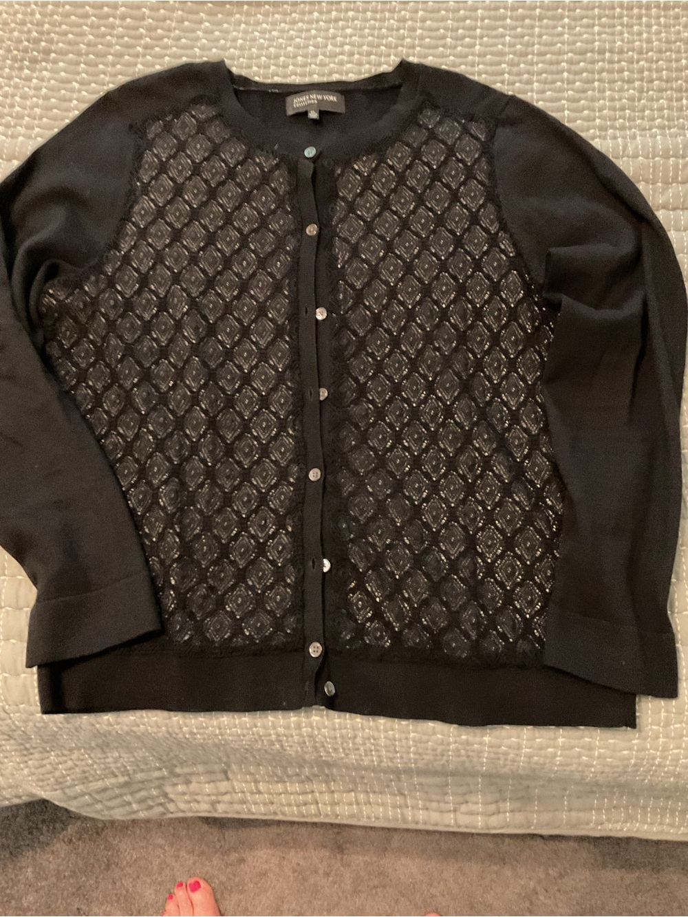 Jones New York Black Lace-Front Cardigan with Button Detail